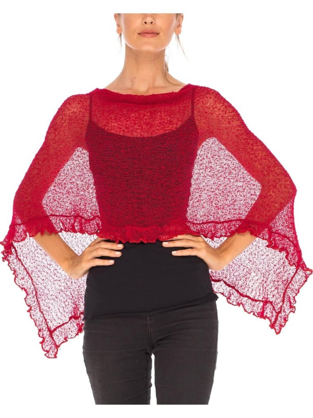 Women’s Cranberry Sheer Knit Poncho Shrug Lightweight Asymmetrical Ruffle Wraps